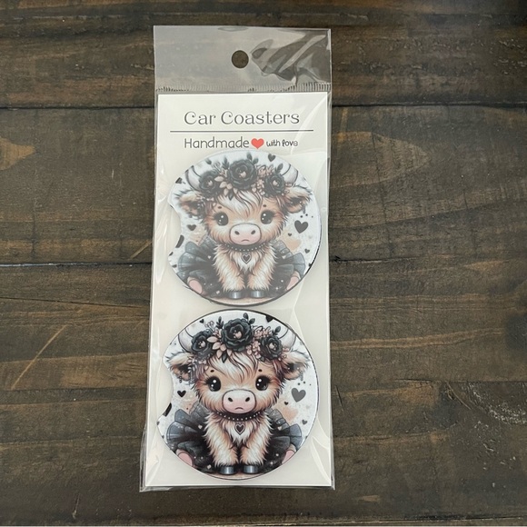 Highland Cow Car Coasters with Black Hearts & Black Tutu-Set of 2 - Picture 3 of 3